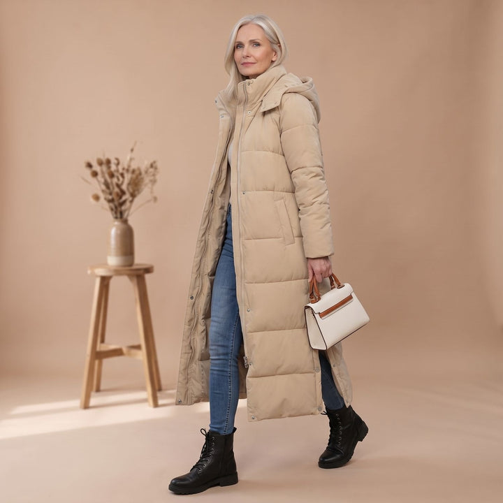 Damen Winterjacke im langen Schnitt mit Kapuze in Khaki