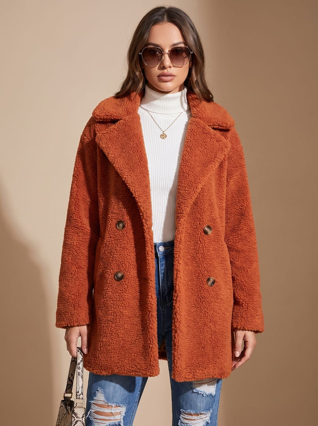 Damen Winterjacke im Teddy-Stil aus Plusch in Orange