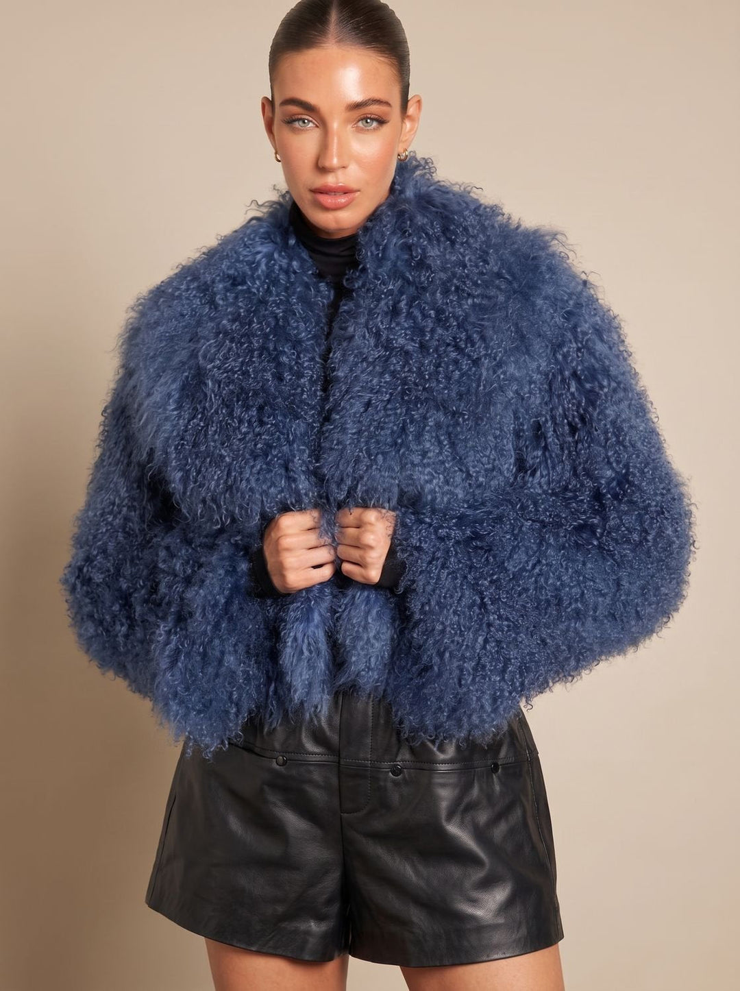 Damen Winterjacke im Teddy-Stil Cropped in Blau