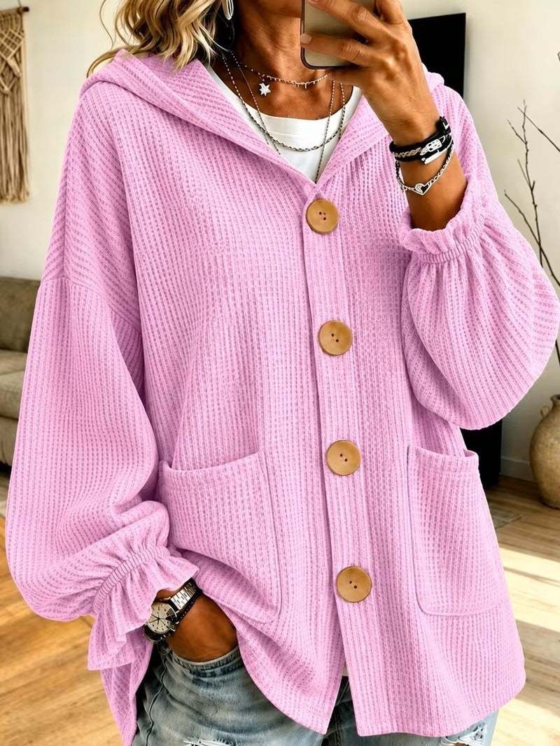 Damen Winterjacke im Waffelstrick mit Kapuze in Rosa