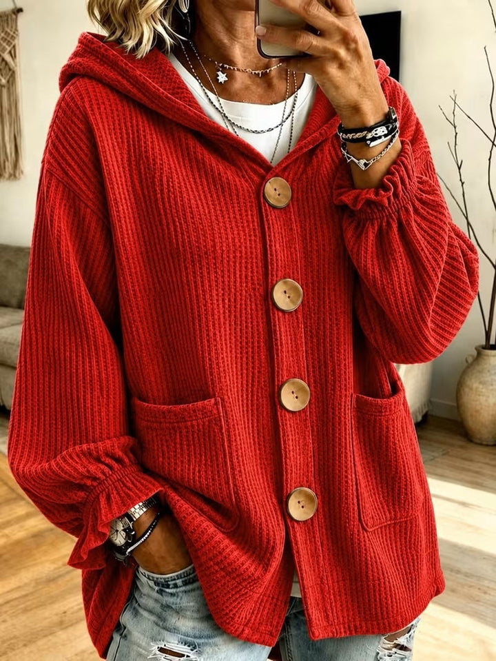 Damen Winterjacke im Waffelstrick mit Kapuze in Rot
