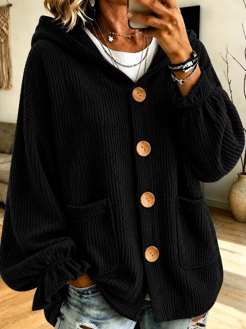 Damen Winterjacke im Waffelstrick mit Kapuze in Schwarz