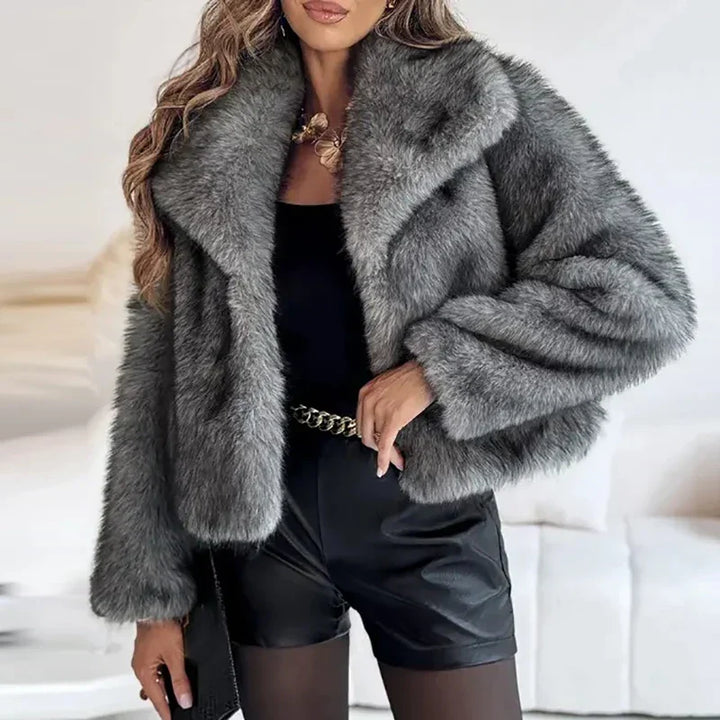 Damen Winterjacke Kurzform mit Weicher Felloptik in Dunkelgrau
