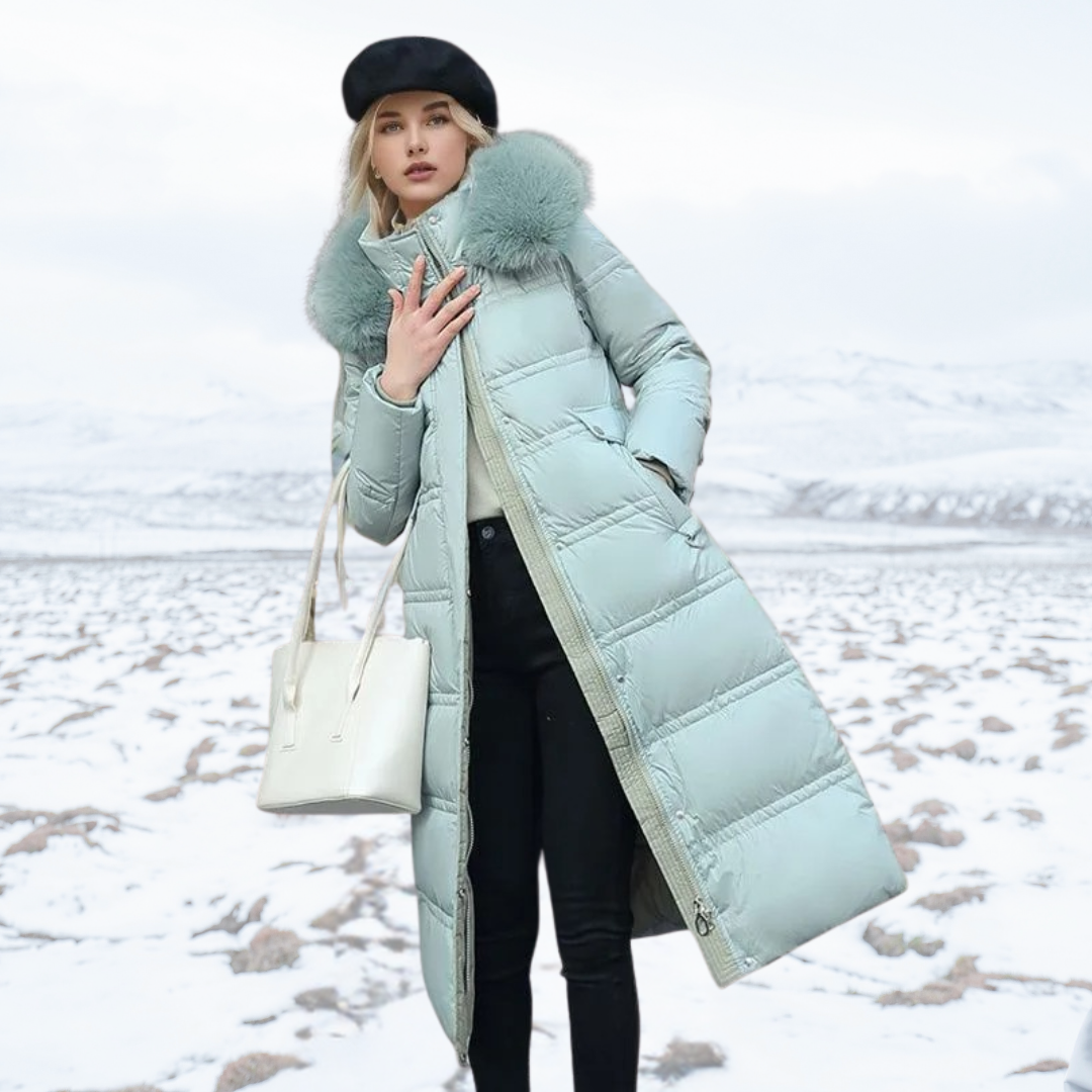 Damen Winterjacke lang mit Stehkragen in Baby Blue With Beige Collar Lining