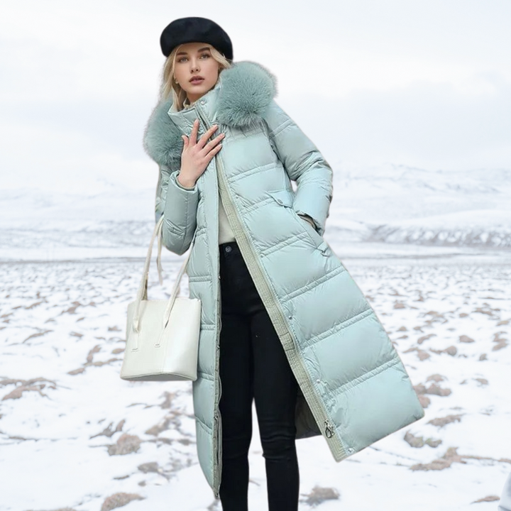 Damen Winterjacke lang mit Stehkragen in Baby Blue With Beige Collar Lining