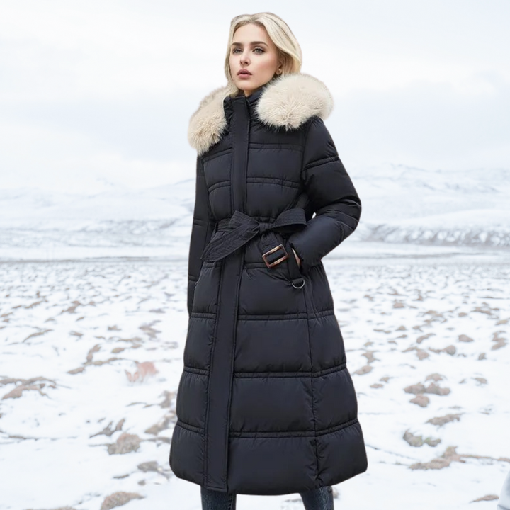Damen Winterjacke lang mit Stehkragen in Black With Beige Collar Lining