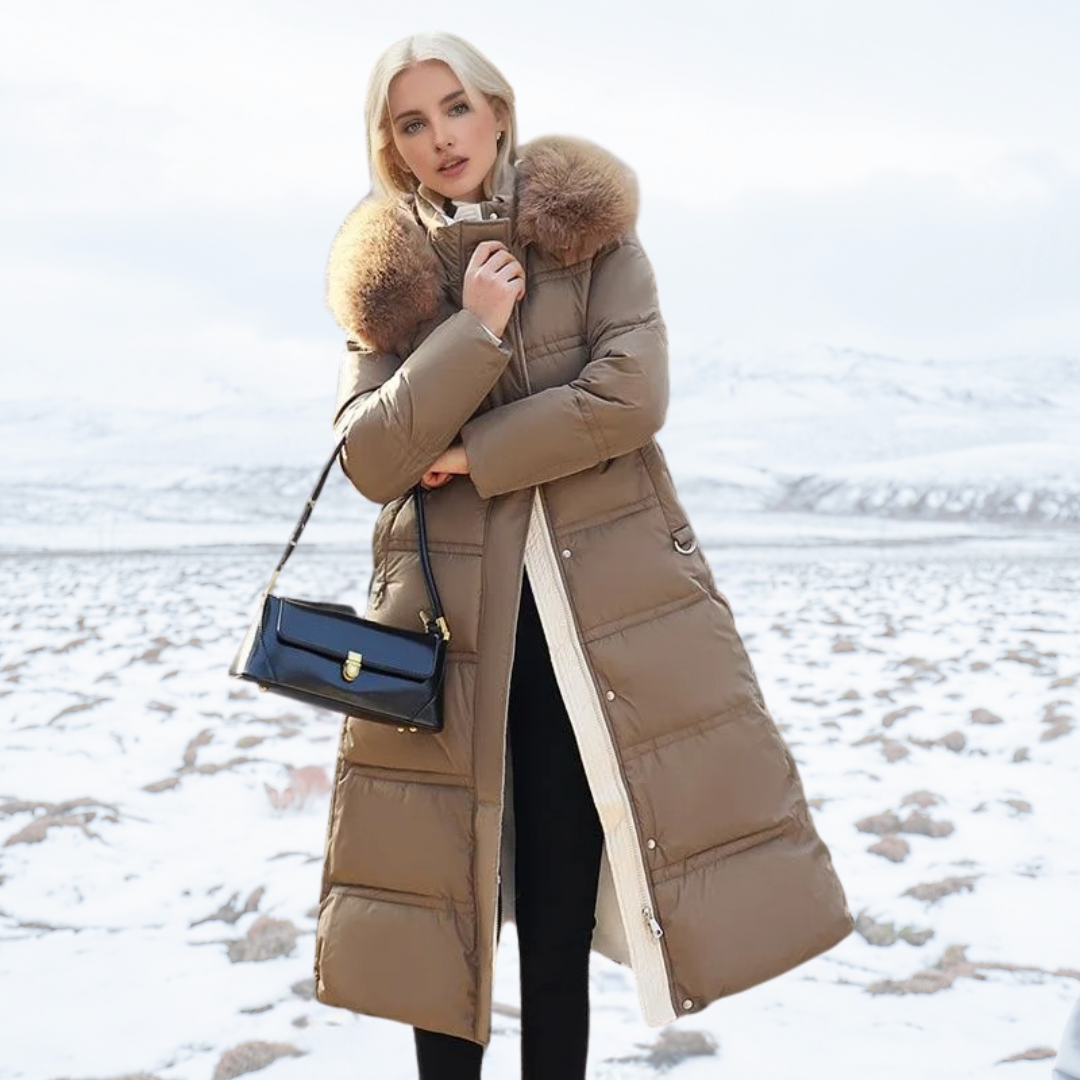 Damen Winterjacke lang mit Stehkragen in Coffee With Beige Collar Lining