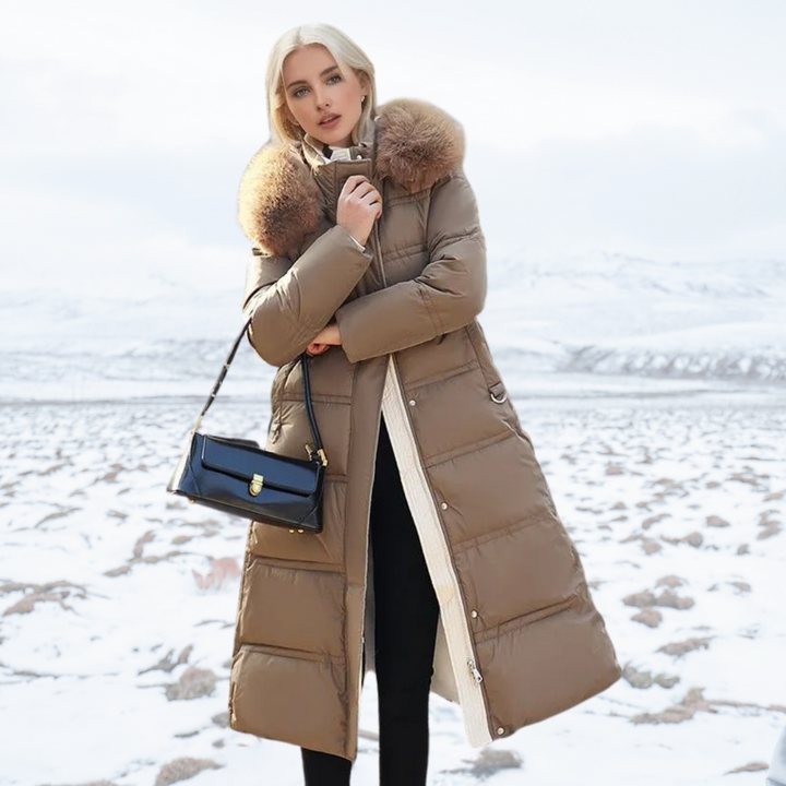 Damen Winterjacke lang mit Stehkragen in Coffee With Beige Collar Lining