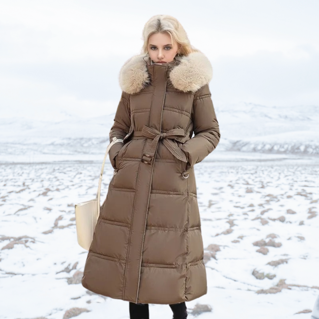 Damen Winterjacke lang mit Stehkragen in Coffee