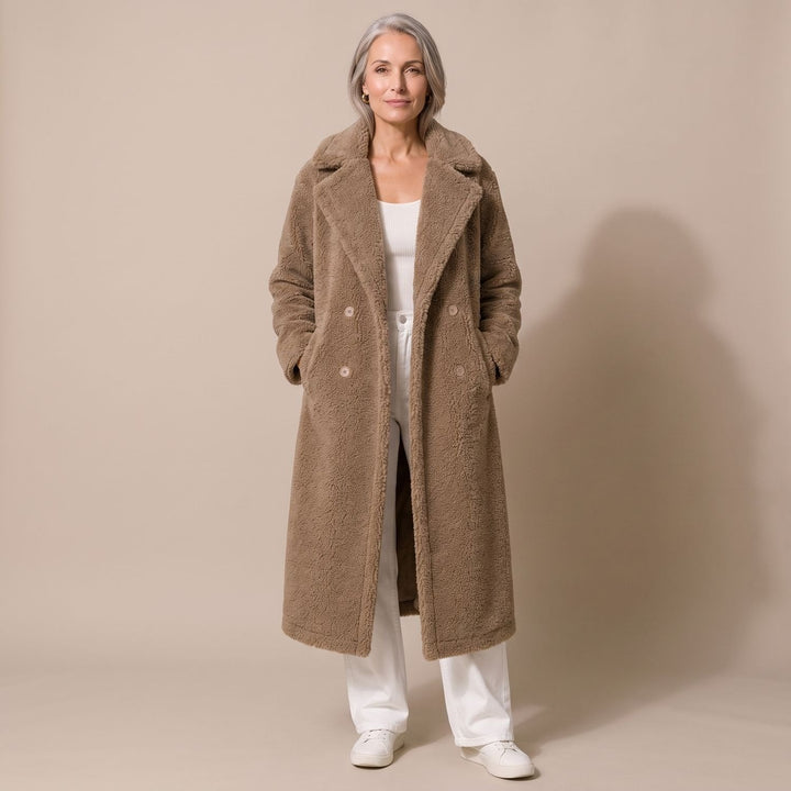 Damen Winterjacke Longline im Teddy-Stil in Braun