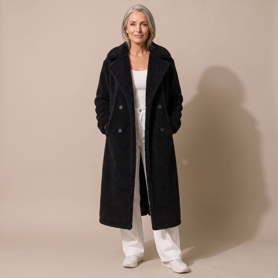 Damen Winterjacke Longline im Teddy-Stil in Schwarz