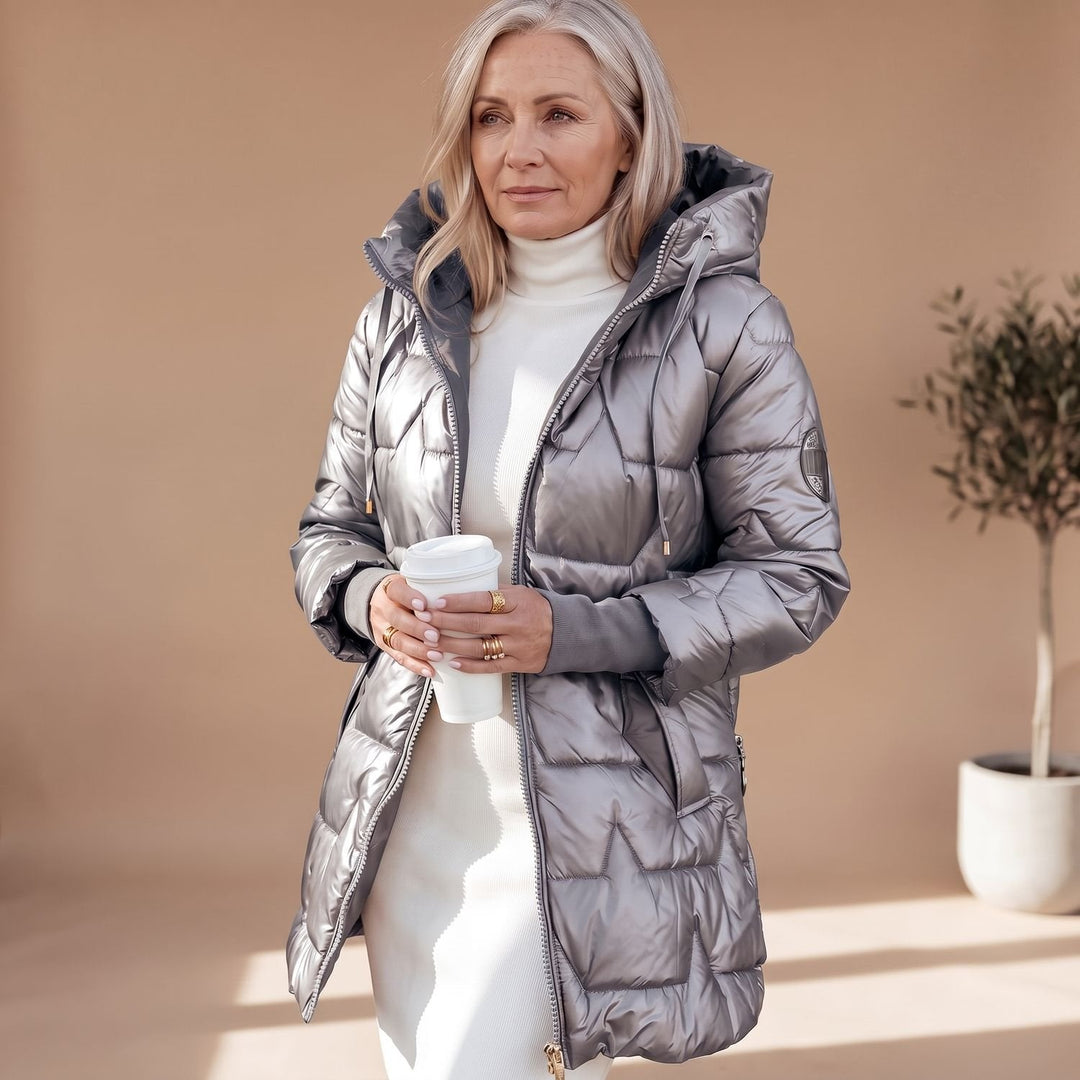 Damen Winterjacke Midi mit Kapuze im Puffer-Look in Grau