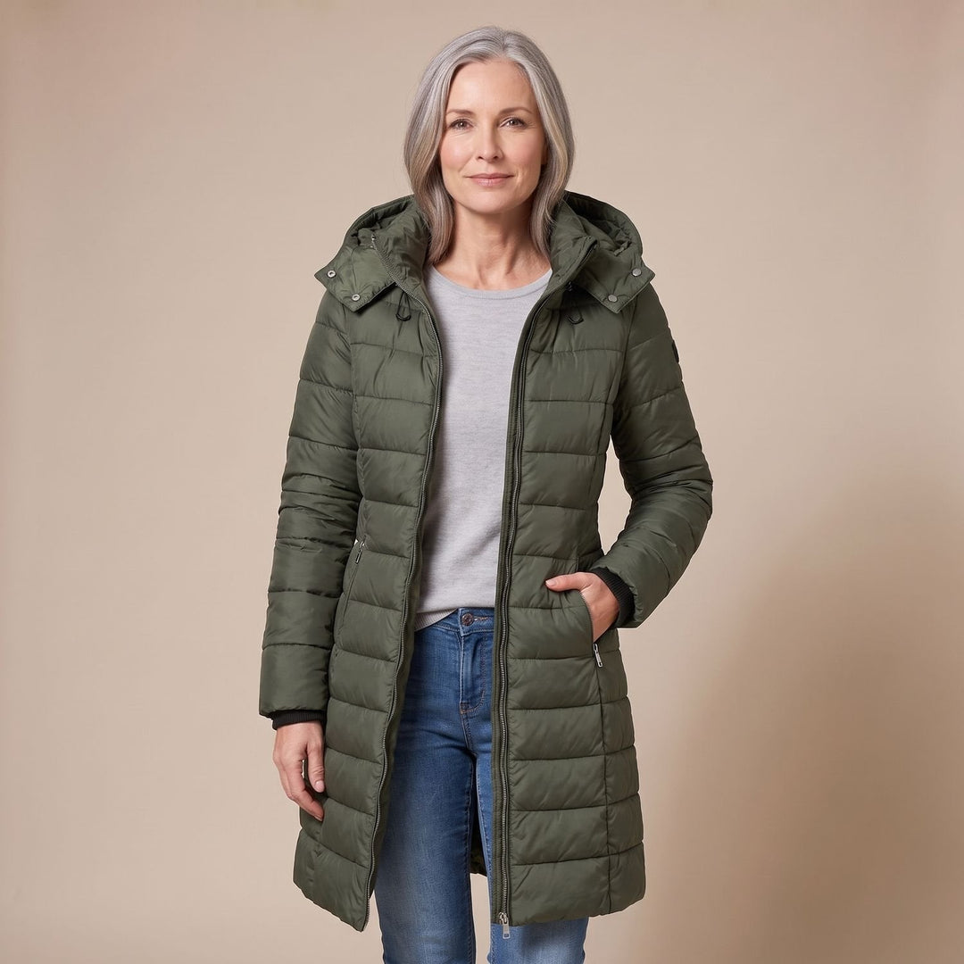 Damen Winterjacke Midi Tailliert mit Kapuze in Grün