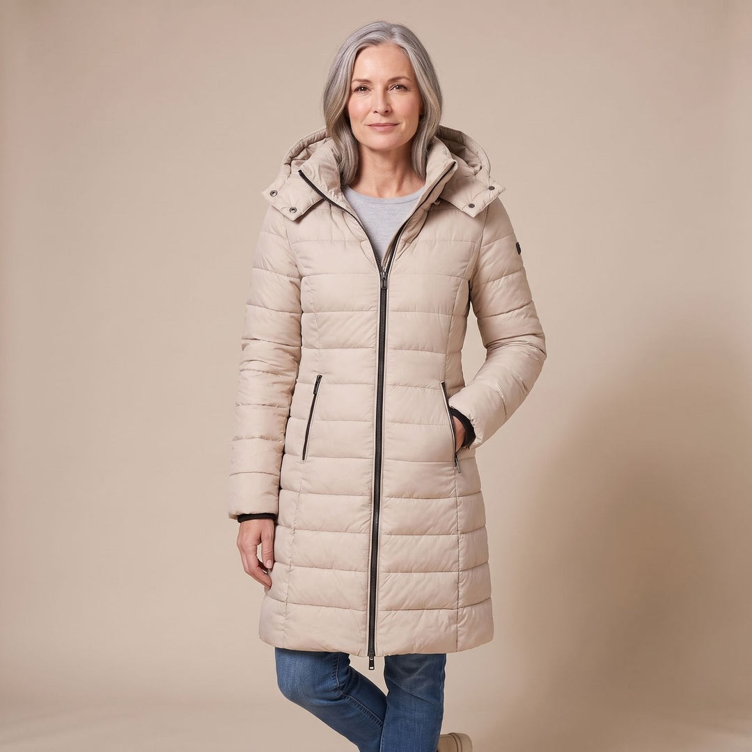 Damen Winterjacke Midi Tailliert mit Kapuze in Khaki