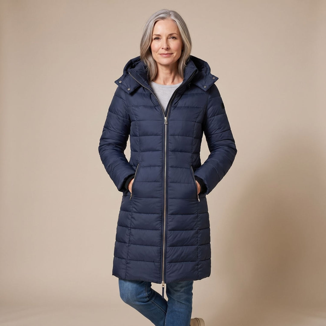 Damen Winterjacke Midi Tailliert mit Kapuze in Marineblau