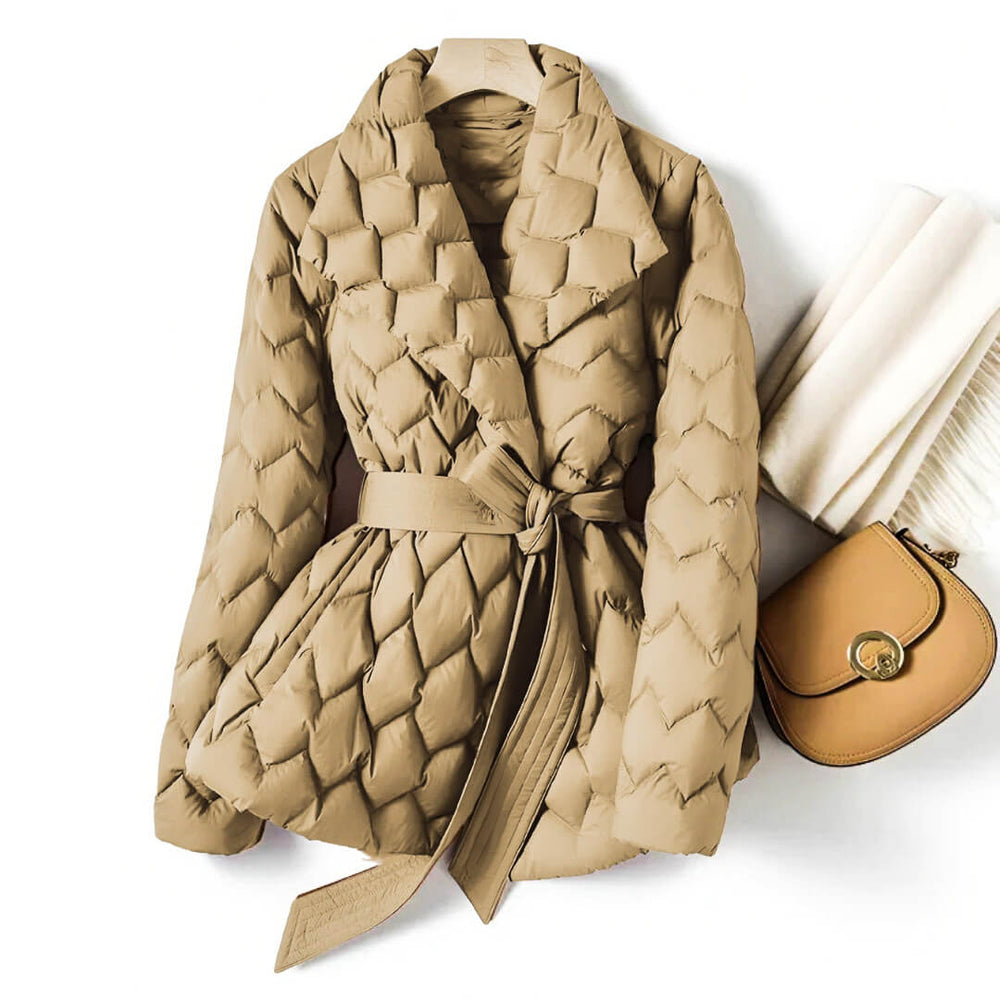 Damen Winterjacke mit Bindegürtel und Reverskragen in Beige