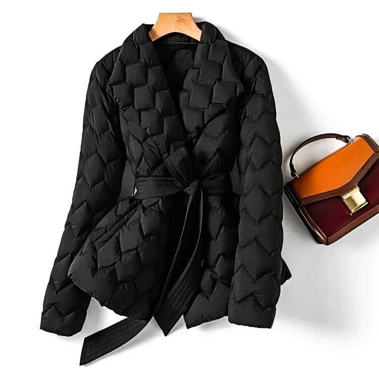 Damen Winterjacke mit Bindegürtel und Reverskragen in Schwarz