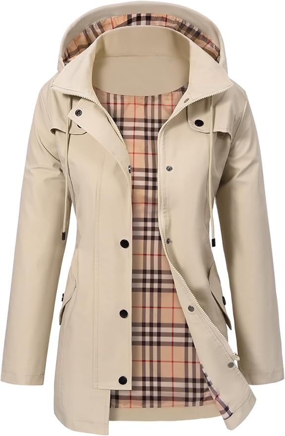 Damen Winterjacke mit Kapuze und verstellbarem Gürtel in Beige