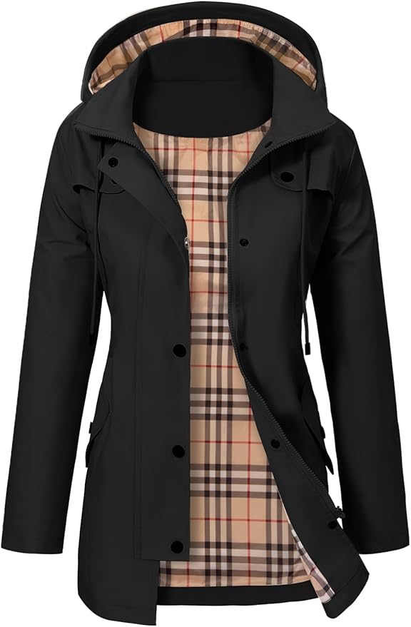 Damen Winterjacke mit Kapuze und verstellbarem Gürtel in Schwarz