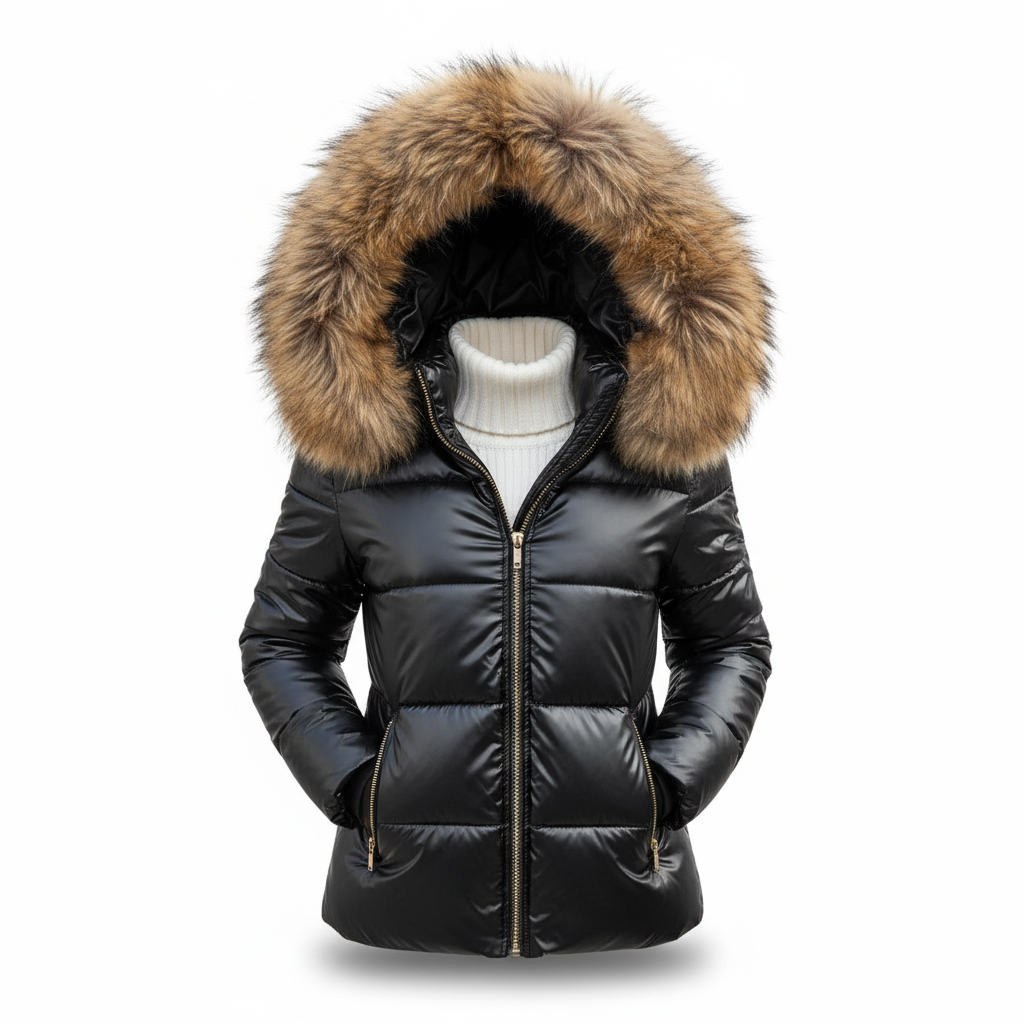 Damen Winterjacke mit Kapuze, wasserdicht in schwarz-braune Kapuze