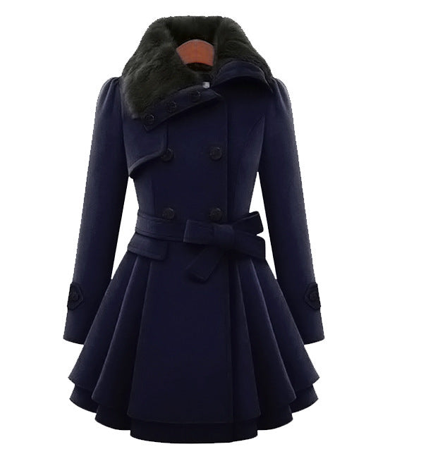 Damen Winterjacke mit Pelzkragen im Vintage-Stil in Dunkelblau