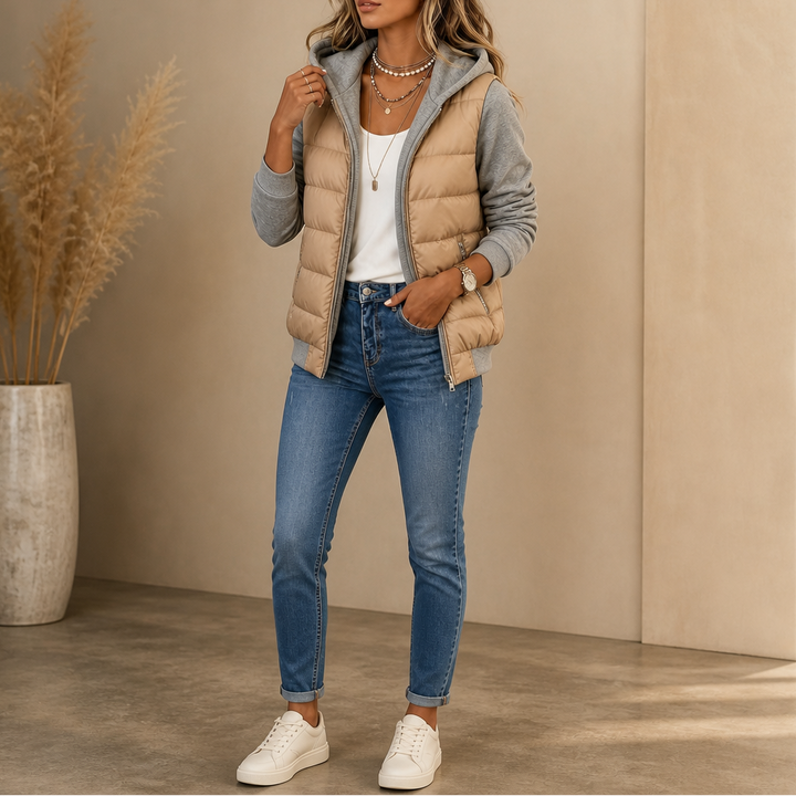 Damen Winterjacke mit Strickärmeln für Herbst in Grau