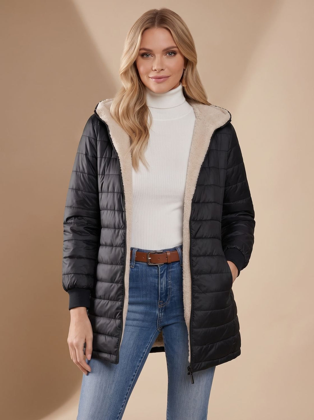 Damen Winterjacke mit Teddy-Futter und Kapuze in Schwarz