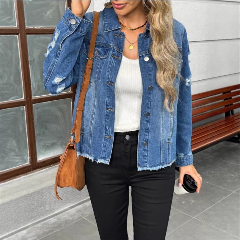 Damen Winterjacke mit Used-Look und Destroyed-Details in Hellblau