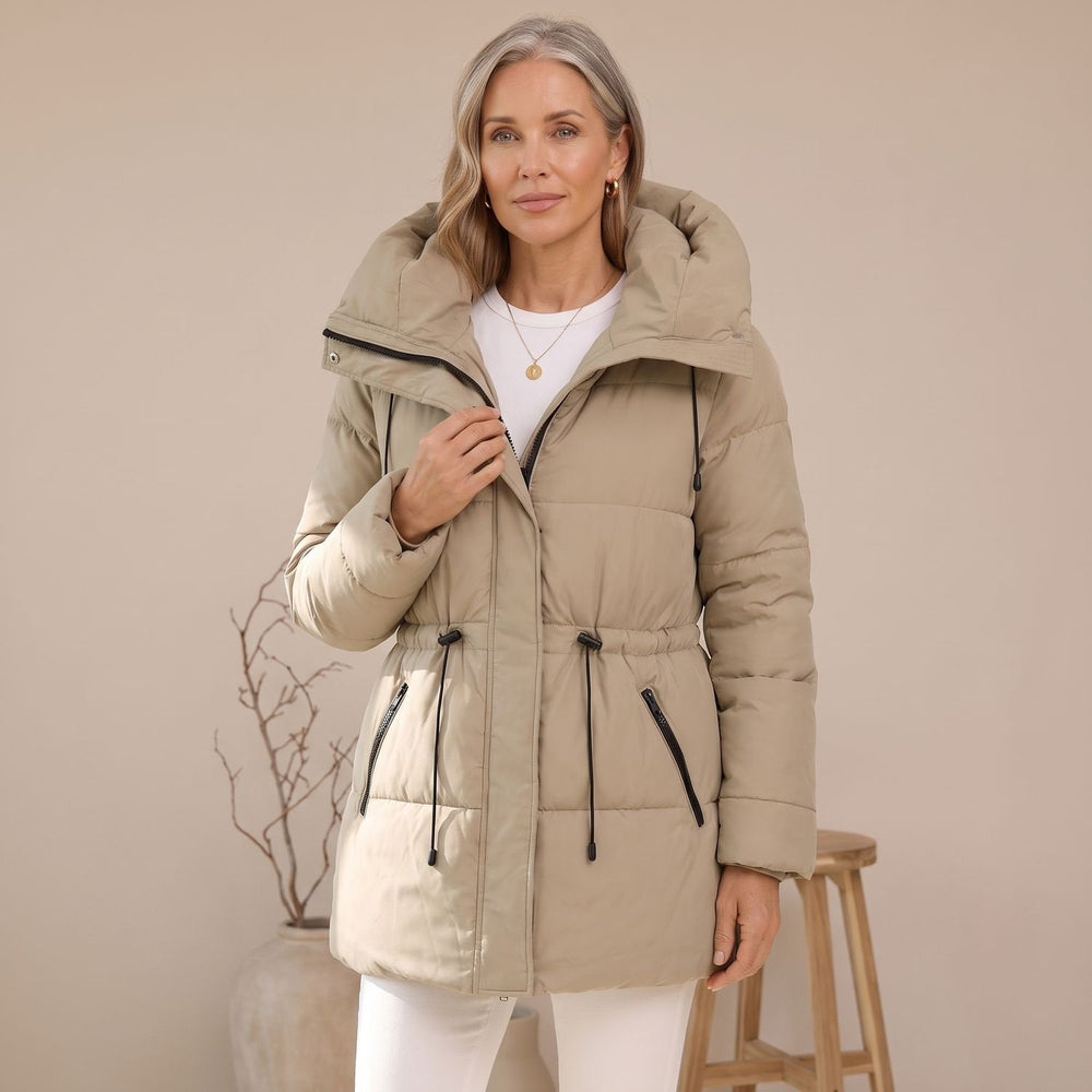 Damen Winterjacke mit verstellbarem Taillenzug und Kapuze in Beige