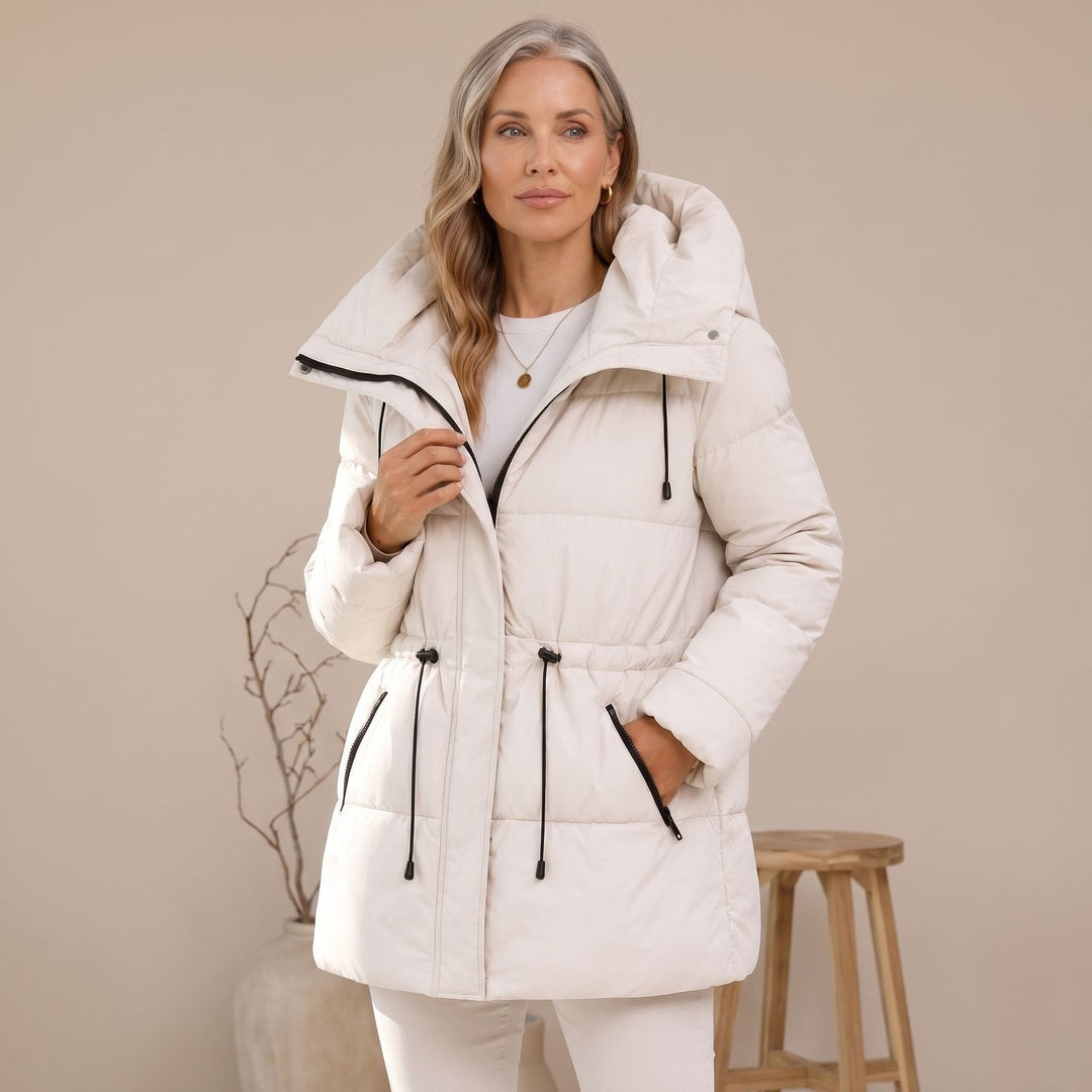 Damen Winterjacke mit verstellbarem Taillenzug und Kapuze in Weiß