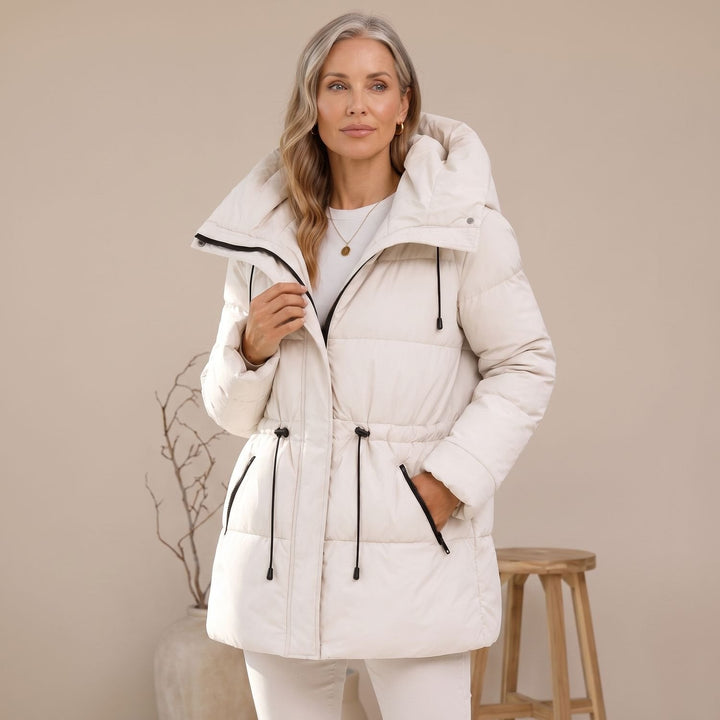 Damen Winterjacke mit verstellbarem Taillenzug und Kapuze in Weiß