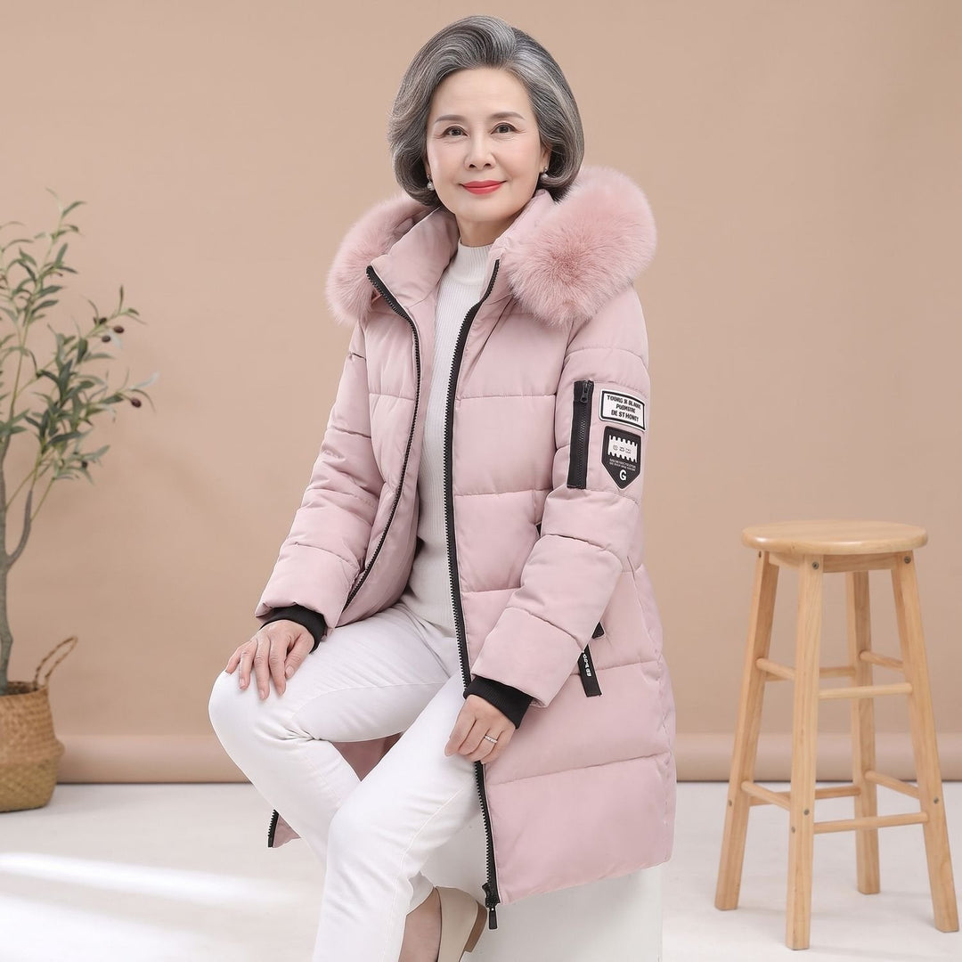 Damen Winterjacke Mittellang Gesteppte Kapuze in Rosa