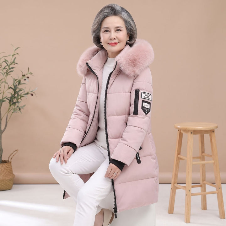 Damen Winterjacke Mittellang Gesteppte Kapuze in Rosa
