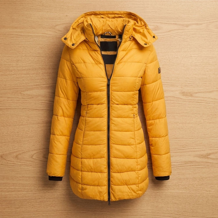 Damen Winterjacke Mittellang mit Kapuze in Gelb