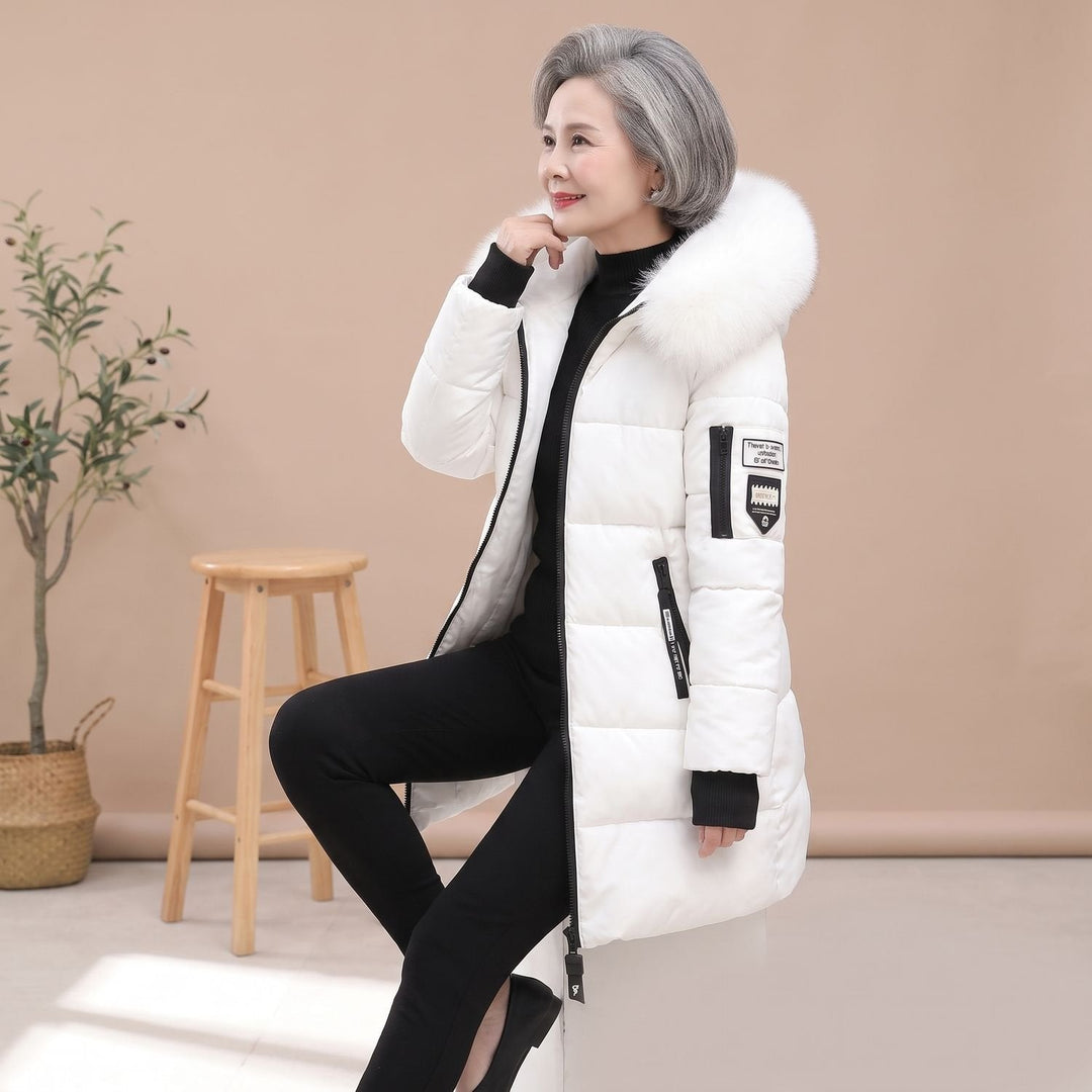 Damen Winterjacke Mittellang mit Kunstfellbesatz in Weiß