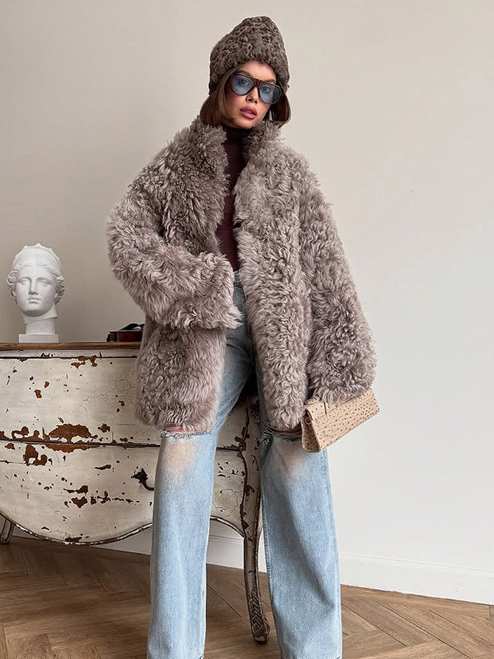 Damen Winterjacke Teddy-Kunstfell im Oversized-Schnitt in Grau