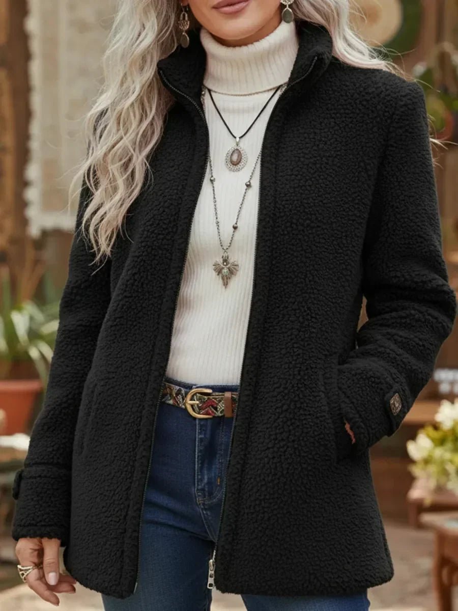 Damen Wintermantel aus Fleece mit Reißverschluss in Schwarz