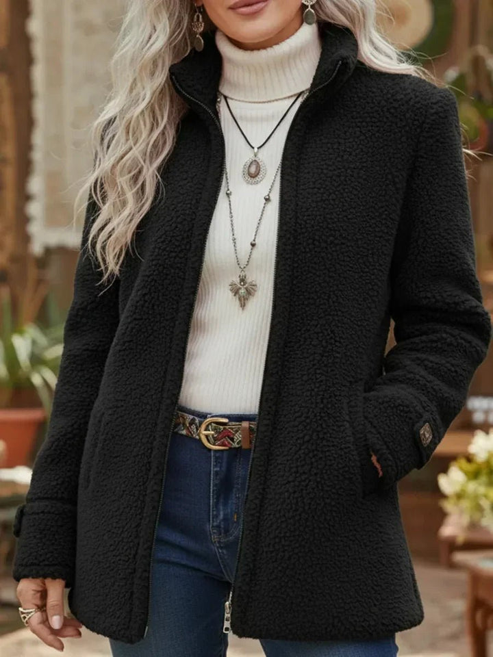 Damen Wintermantel aus Fleece mit Reißverschluss in Schwarz