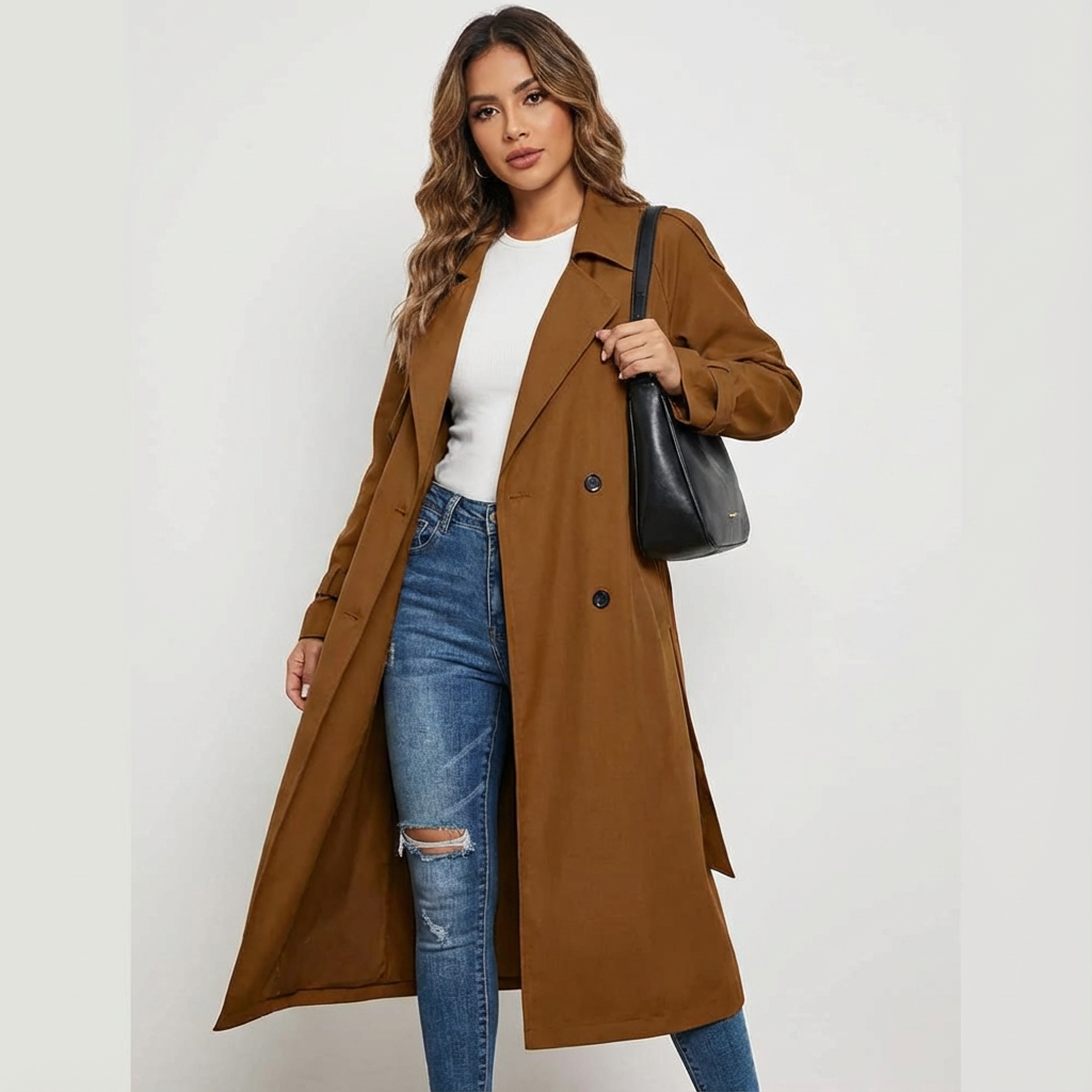 Damen Wintermantel elegant mit Taillengürtel in Braun