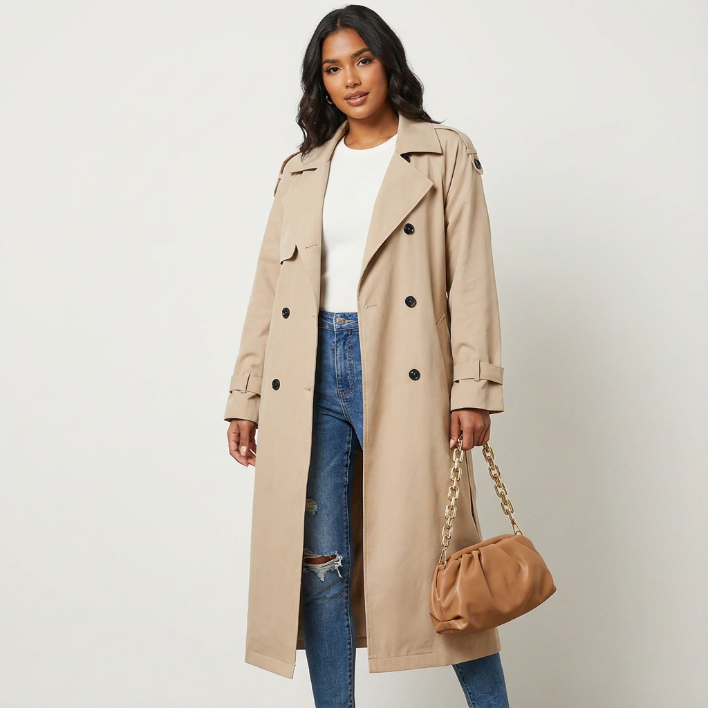 Damen Wintermantel elegant mit Taillengürtel in Hellbraun