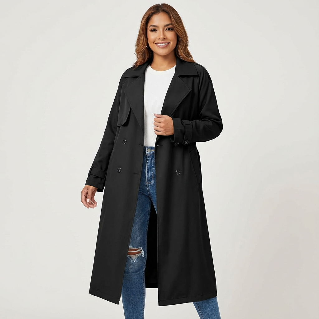 Damen Wintermantel elegant mit Taillengürtel in Schwarz