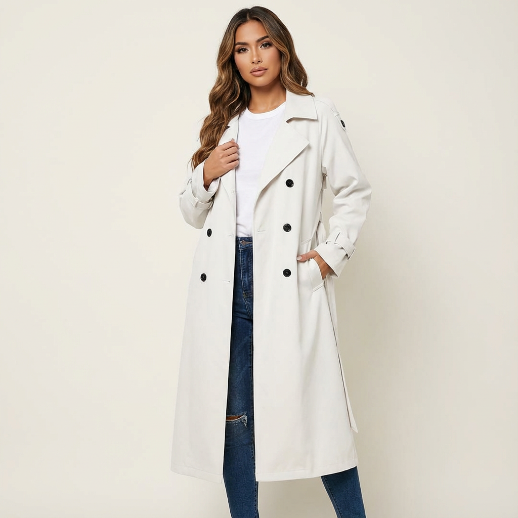 Damen Wintermantel elegant mit Taillengürtel in Weiß