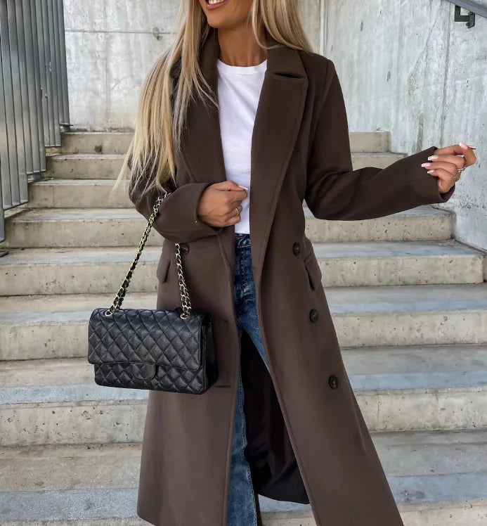 Damen Wintermantel im klassischen Trenchcoat-Stil in Dunkelbraun