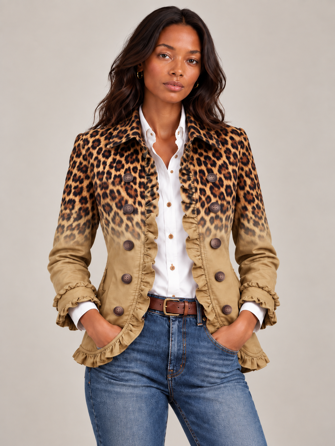 Damen Wintermantel im Trenchcoat-Stil mit Leopardenmuster in Orange