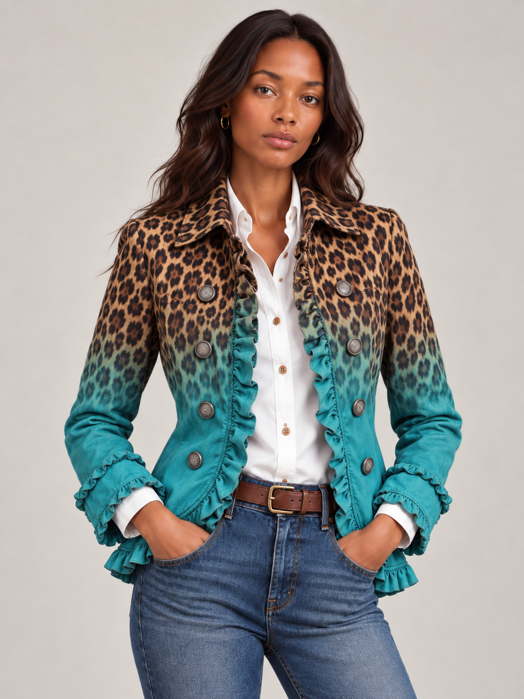 Damen Wintermantel im Trenchcoat-Stil mit Leopardenmuster in Türkis