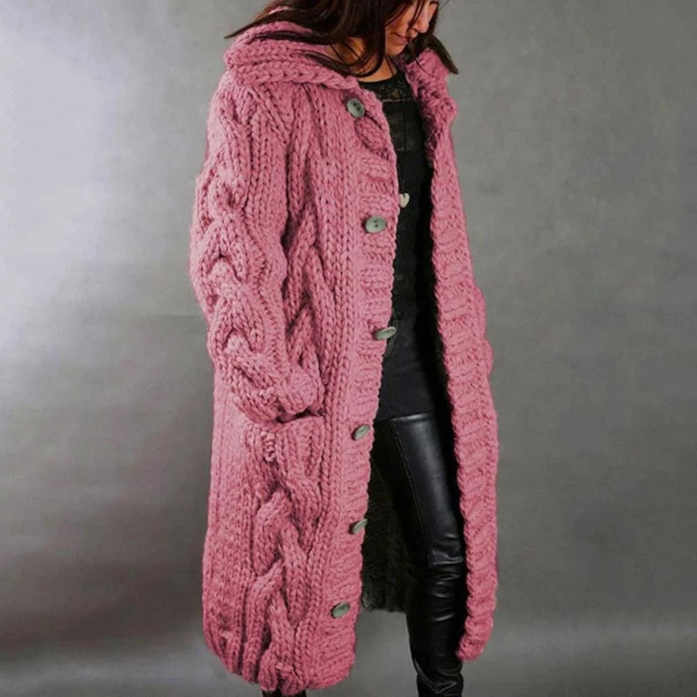 Damen Wintermantel lange mit Kapuze in Rosa