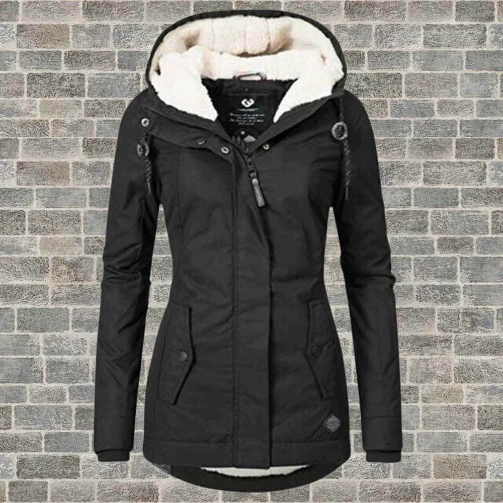 Damen Wintermantel mit Kapuze im Herbst-Stil in Sort