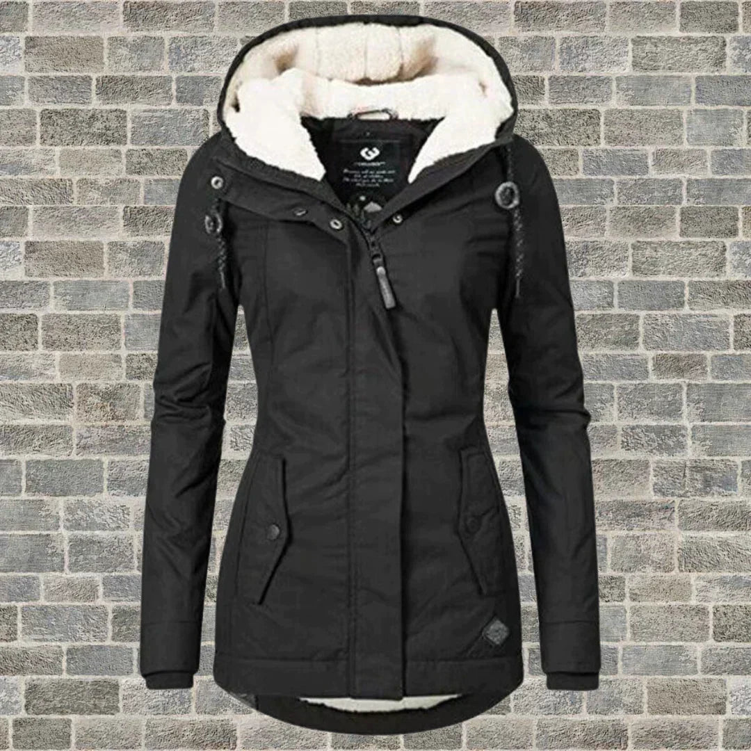 Damen Wintermantel mit Kapuze im Herbst-Stil in Sort