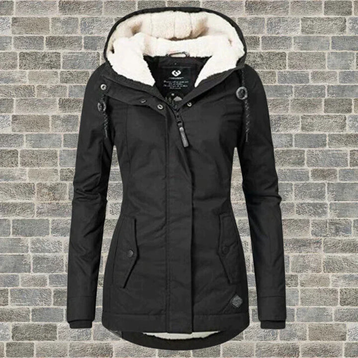 Damen Wintermantel mit Kapuze im Herbst-Stil in Sort