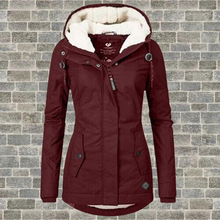 Damen Wintermantel mit Kapuze im Herbst-Stil in Weinrot
